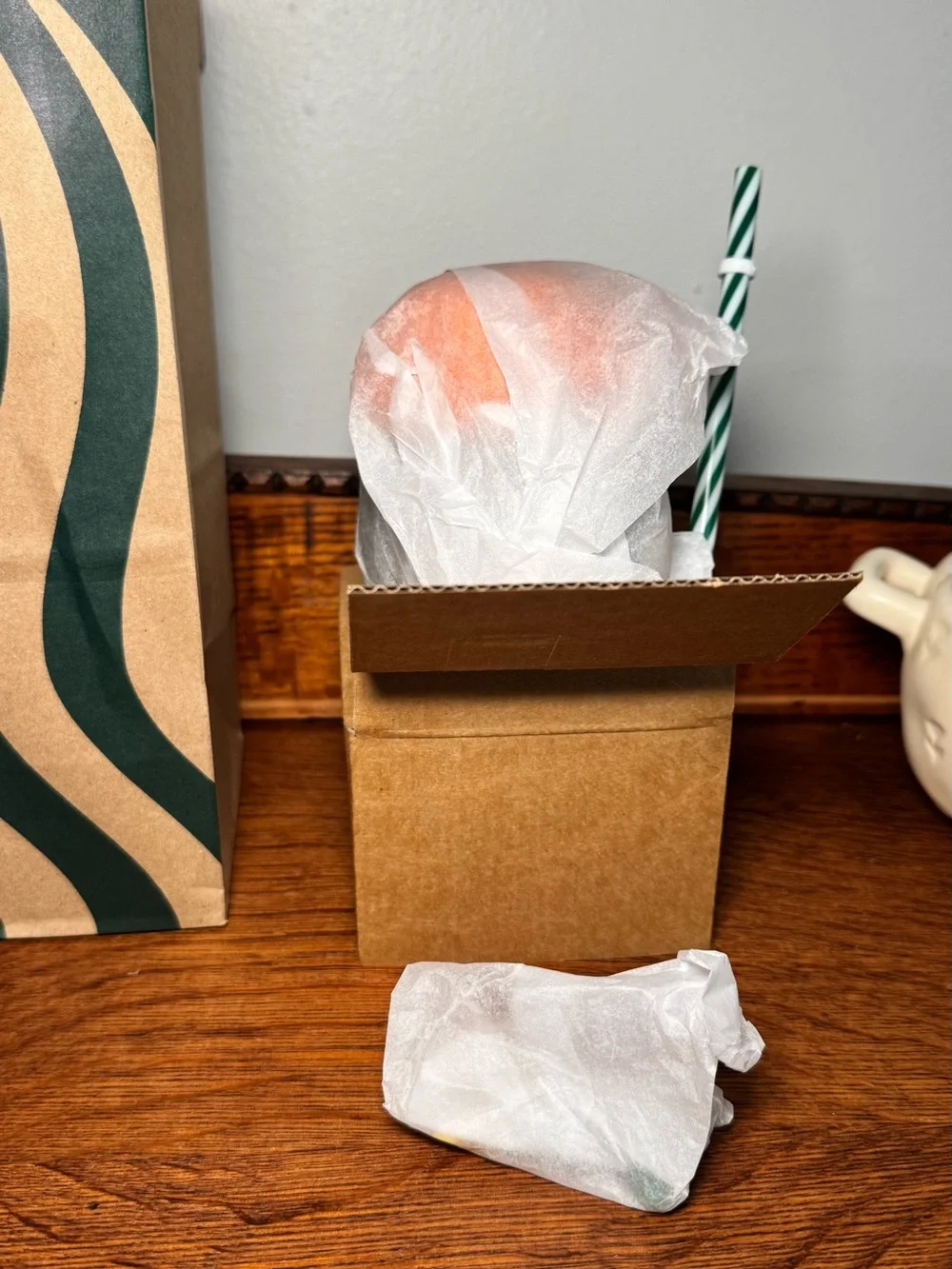 Starbucks Orange Beanie Snowman Glass Cup with Green Scarf and Straw